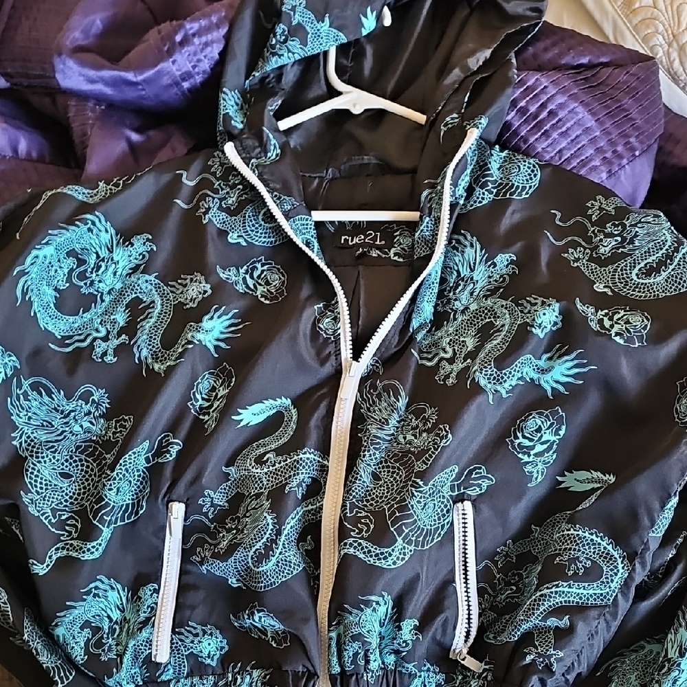 Rue21 Black Jacket with Teal Dragon Design